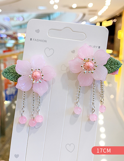 Fashion Pink Resin Flower Crystal Alloy Fringe Children Hair Clip Set