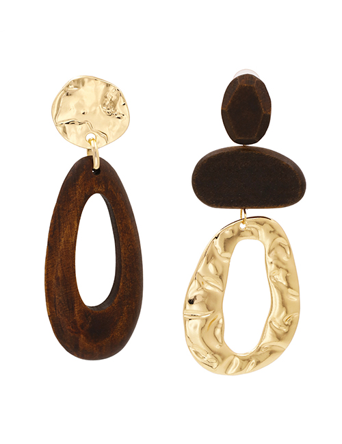 Fashion Brown Drop-shaped Wood Alloy Asymmetric Stud Earrings