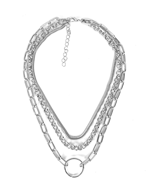 Fashion Silver Geometric Round Chain Multi-layer Necklace