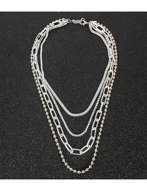 Fashion Silver Metal Multilayer Chain Round Bead Necklace