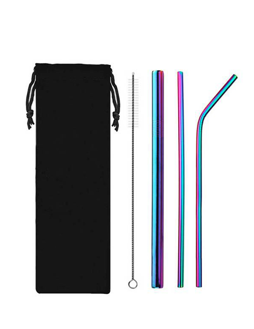 Fashion Rainbow Colors Stainless Steel Titanium Plated Straw Set