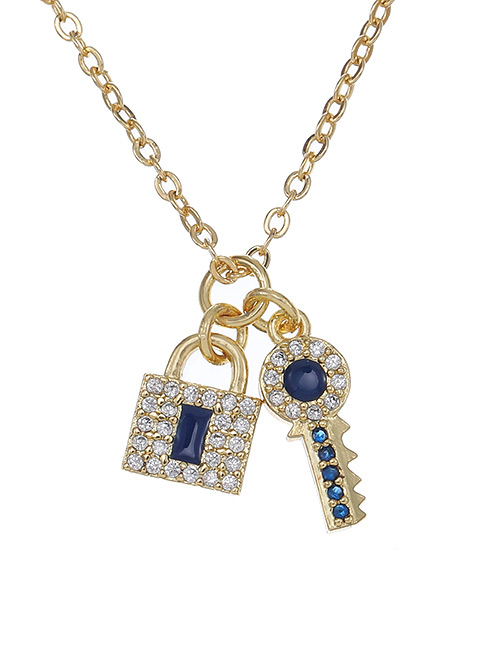 Fashion Navy Blue Copper Inlaid Zircon Key Lock Pendant Necklace