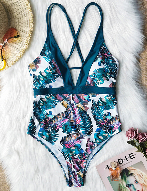Fashion Palm Leaf On White Printed Backless Stitching One-piece Swimsuit