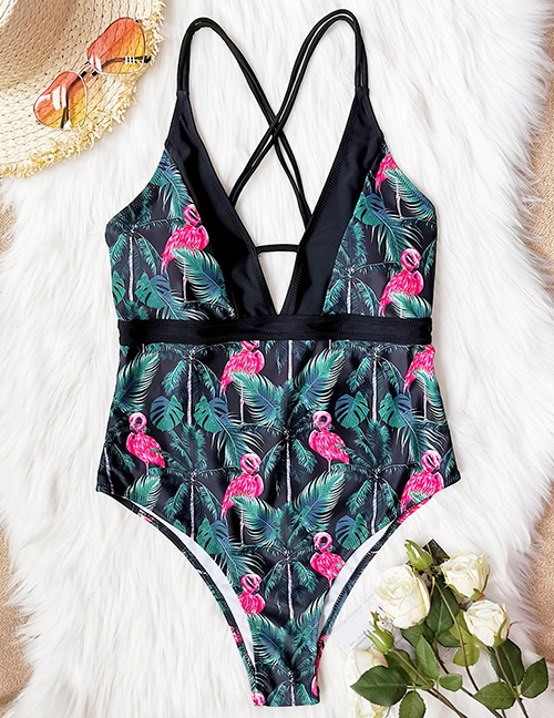 Fashion Green Leaves Flamingo Printed Backless Stitching One-piece Swimsuit