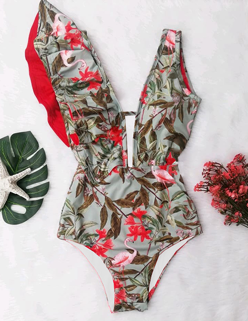 Fashion Dead Leaves Red Flower Flamingo Irregular Ruffled Deep V-neck Printed One-piece Swimsuit