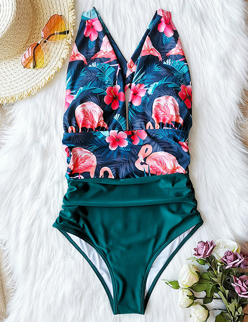 Fashion Green + Green Leaves Flamingo (in Replenishment) Printed Pleated Leaky Triangle One-piece Swimsuit