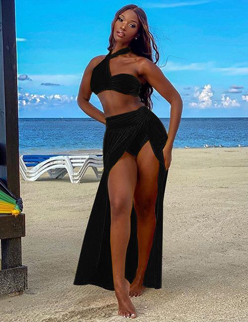 Fashion Black Hanging Neck Pleated High Waist Split Swimsuit Beach Skirt Two-piece Suit