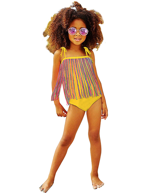 Fashion Children's Clothing-yellow Tassel Suspender One-piece Swimsuit Parent-child Outfit