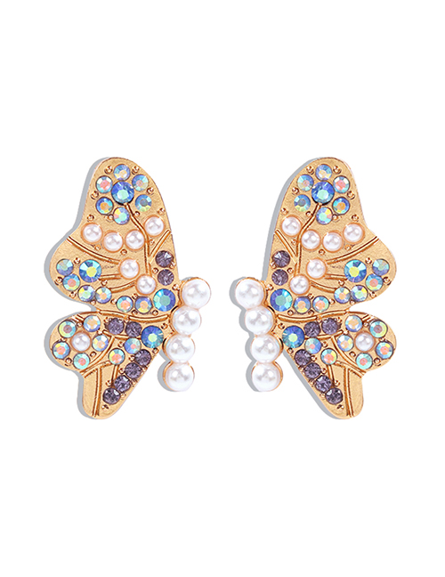 Fashion Lake Blue Diamond Pearl Alloy Butterfly Earrings