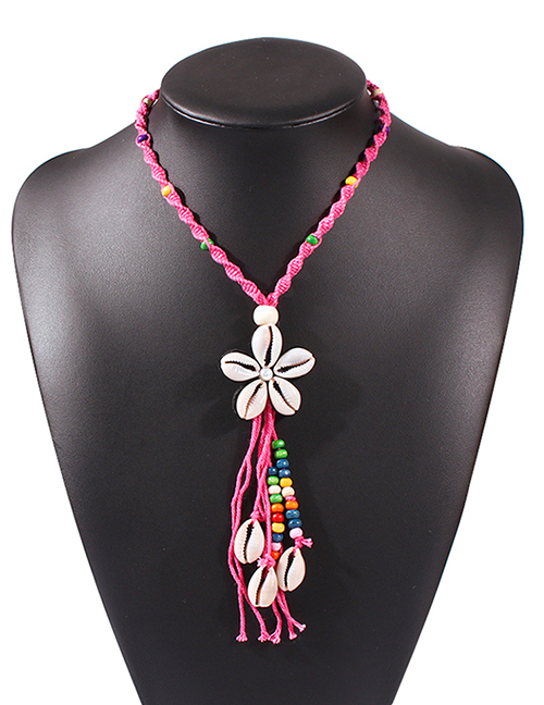 Fashion Rose Red Shell Flower Pearl Woven Rice Pearl Tassel Rope Necklace