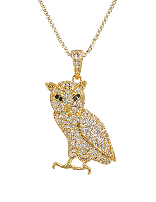 Fashion Golden Copper-inlaid Zircon Owl Necklace