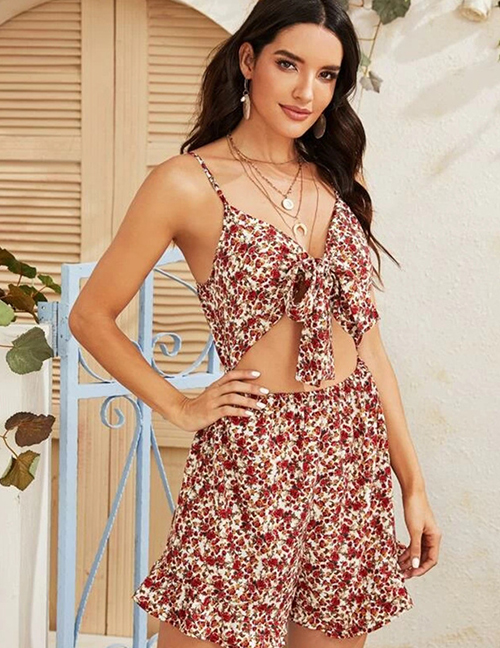Fashion Red Floral Sling Bow Backless Bodysuit