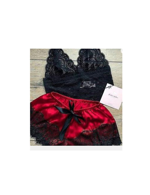 Fashion Red Lace Transparent Stitching Bow Two-piece Home Pajamas