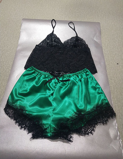 Fashion Green Lace Transparent Stitching Bow Two-piece Home Pajamas