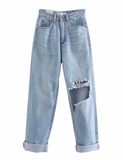 Fashion Blue Washed Ripped Wide-leg Jeans Trousers