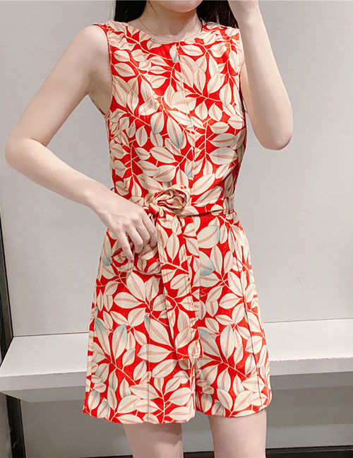 Fashion Red Sleeveless Jumpsuit With Flower Print Waist Tie