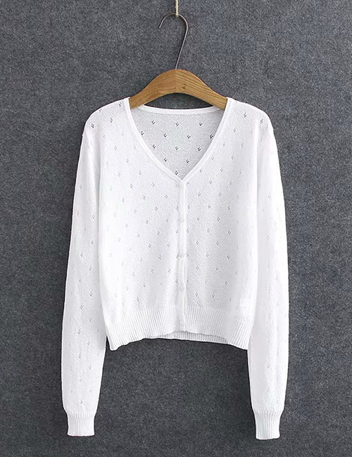 Fashion White V-neck Single Breasted Cutout Sunscreen Knitted Cardigan