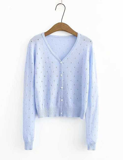 Fashion Light Blue V-neck Single Breasted Cutout Sunscreen Knitted Cardigan