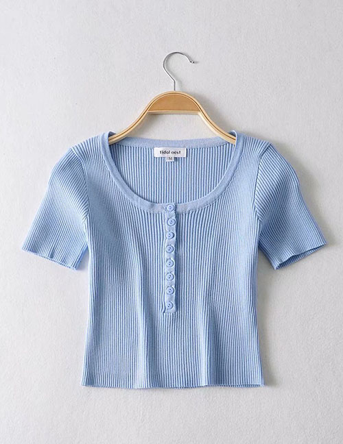Fashion Blue Buttoned Knit Slim-fit Sweater T-shirt