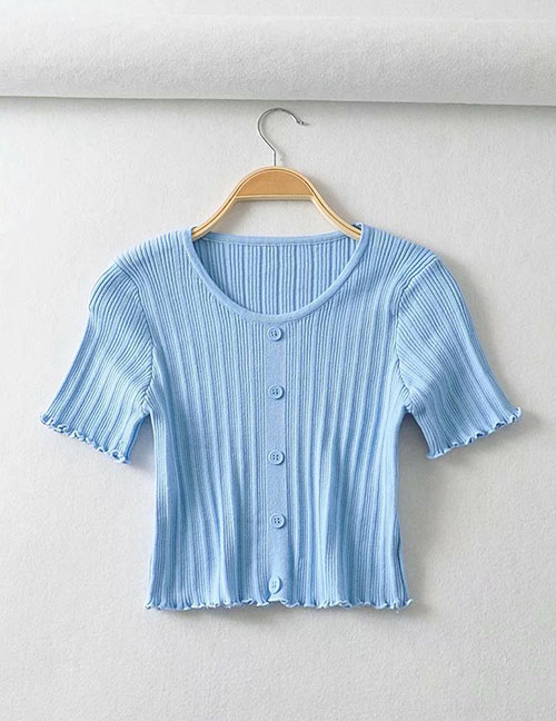 Fashion Light Blue Knitted Single-breasted Slim T-shirt