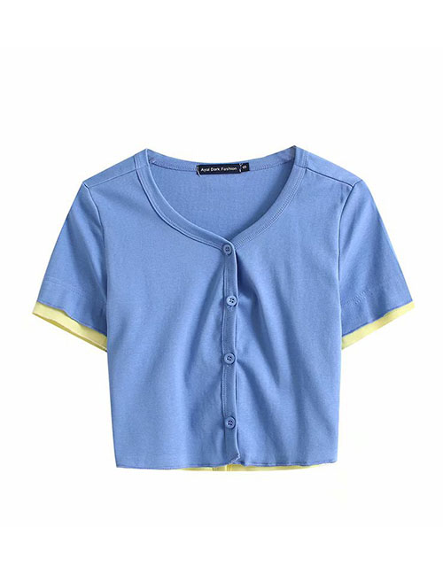 Fashion Blue Spliced ??contrast Color Cardigan Fake Two Short-sleeved T-shirts