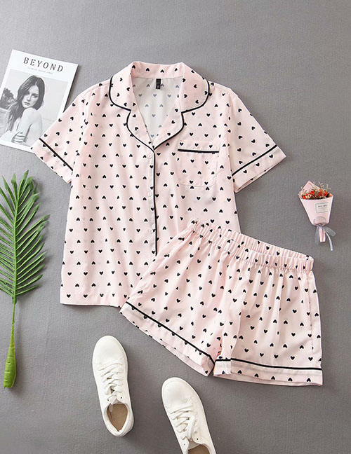 Fashion Pink Love Print Shirt + Elastic Waist Shorts Suit