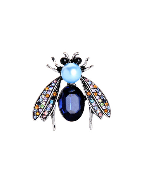 Fashion Blue Jewel Anti-glare Pearl Insect Brooch