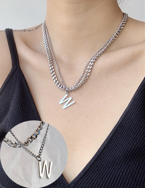 Fashion Silver Stainless Steel Chain Alphabet Double Necklace