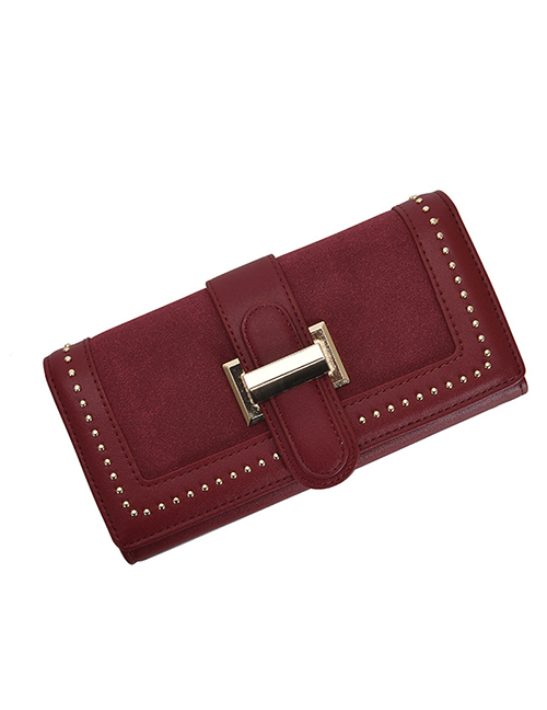 Fashion Long Red Studded Two-fold Buckle Multi-card Matte Wallet