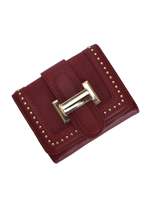 Fashion Red Studded Two-fold Buckle Multi-card Matte Wallet