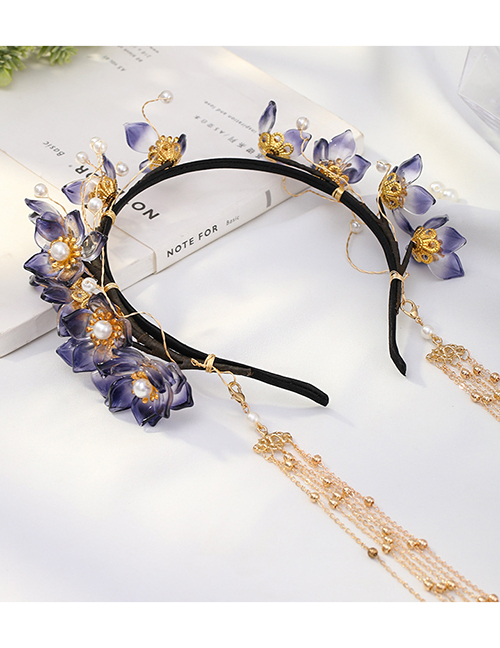 Fashion Purple Alloy Headband With Glazed Flowers And Pearl Tassels