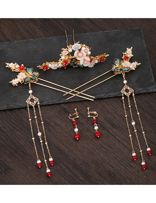 Fashion Color Mixing Butterfly Flower Pearl Tassel Geometric Hollow Hairpin Ear Clip