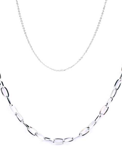 Fashion Silver Thick Chain Stainless Steel Hollow Double Necklace