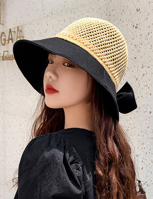 Fashion Black Openwork Knitted Stitching Bow Fisherman Hat