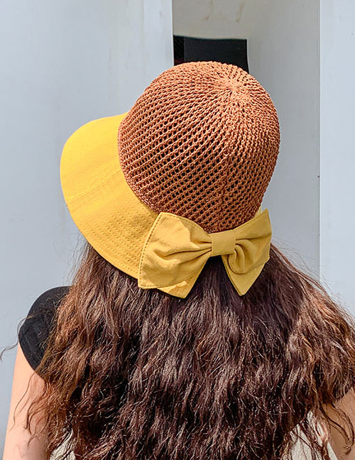 Fashion Yellow Openwork Knitted Stitching Bow Fisherman Hat
