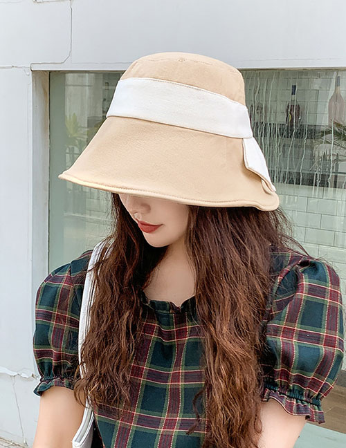 Fashion Khaki Wide-brimmed Sunscreen Color-block Patch Bow Fisherman Hat