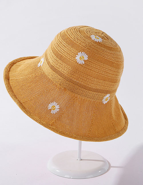 Fashion Yellow Little Daisy Embroidered Knitted Broad-band Fisherman Hat
