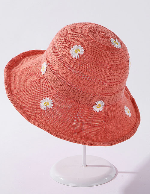 Fashion Orange Pink Little Daisy Embroidered Knitted Broad-band Fisherman Hat