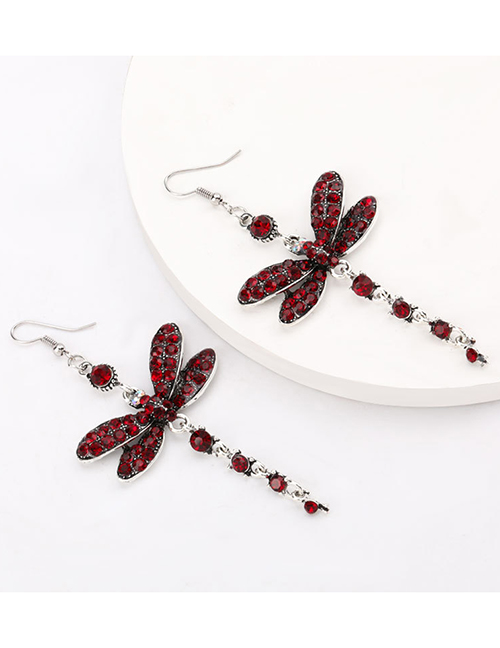 Fashion Red Diamond-shaped Dragonfly Alloy Long Earrings