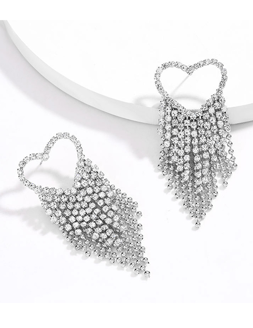 Fashion Silver Love Alloy Diamond Tassel Hollow Earrings
