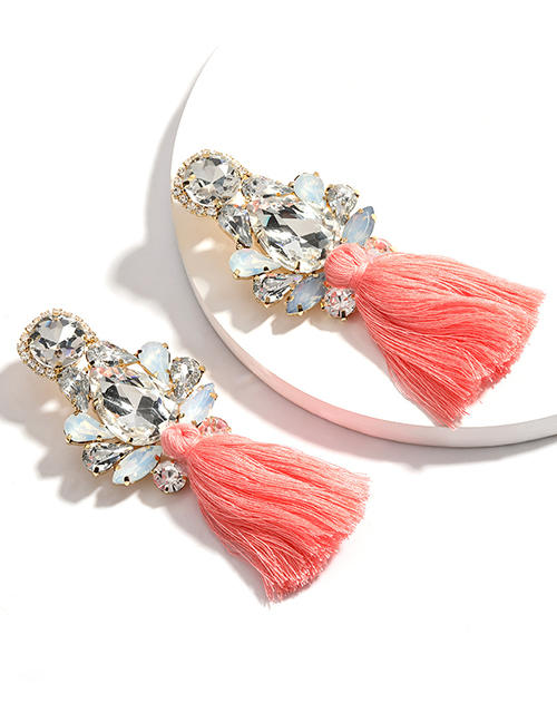 Fashion Pink Drop-shaped Diamond Glass Tassel Alloy Earrings