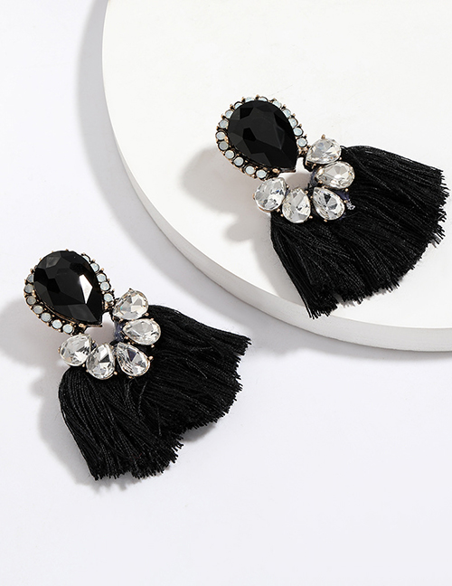 Fashion Black Multi-layer Drop-shaped Diamond Tassel Earrings