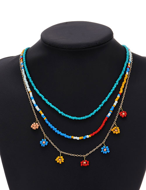 Fashion Color Alloy Rice Bead Flower Multilayer Necklace