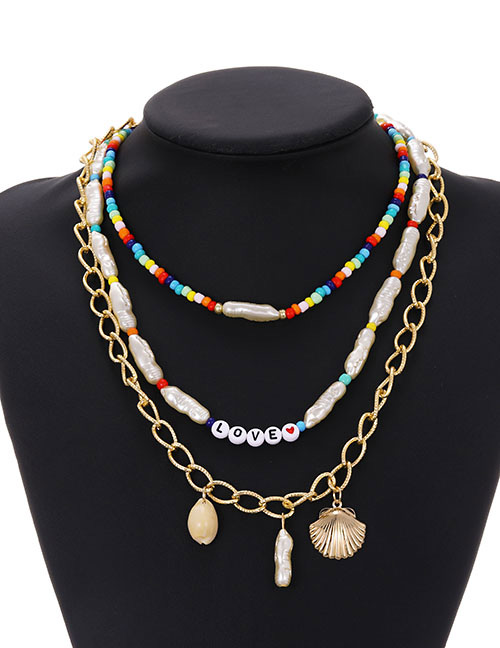Fashion Color Alloy Chain Pearl Resin Rice Bead Shell Multilayer Necklace