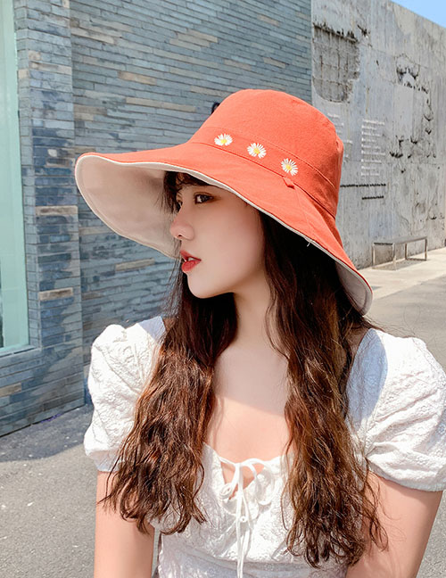 Fashion Brick Red + Meter Daisy Fisherman Hat With Big Edge Embroidery On Both Sides