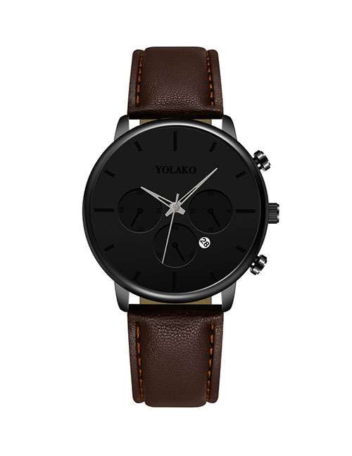 Fashion Brown Belt With Black Face And Silver Needle Calendar Slim Stainless Steel Men's Leather Watch