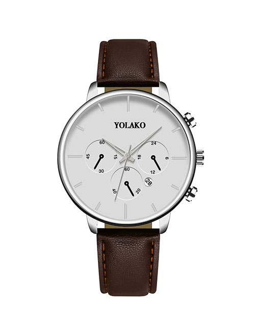 Fashion Brown With White Noodles Calendar Slim Stainless Steel Men's Leather Watch