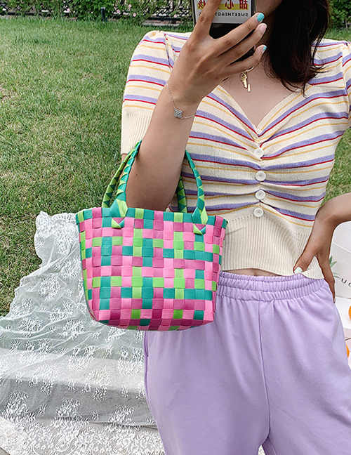 Fashion Caiji Woven Contrast Color Vegetable Basket Handbag
