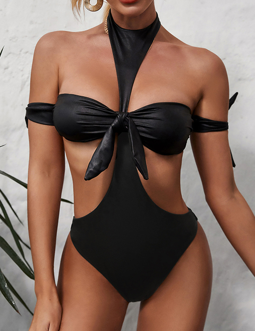 Fashion Black Bowknot Pleated One-piece Swimsuit