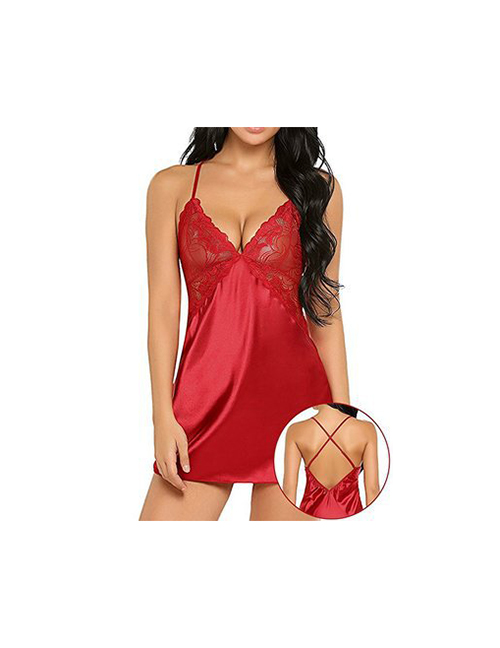 Fashion Red Ice-like Silk Deep V Stitching Lace Hanging Neck Open Leaky Pajamas